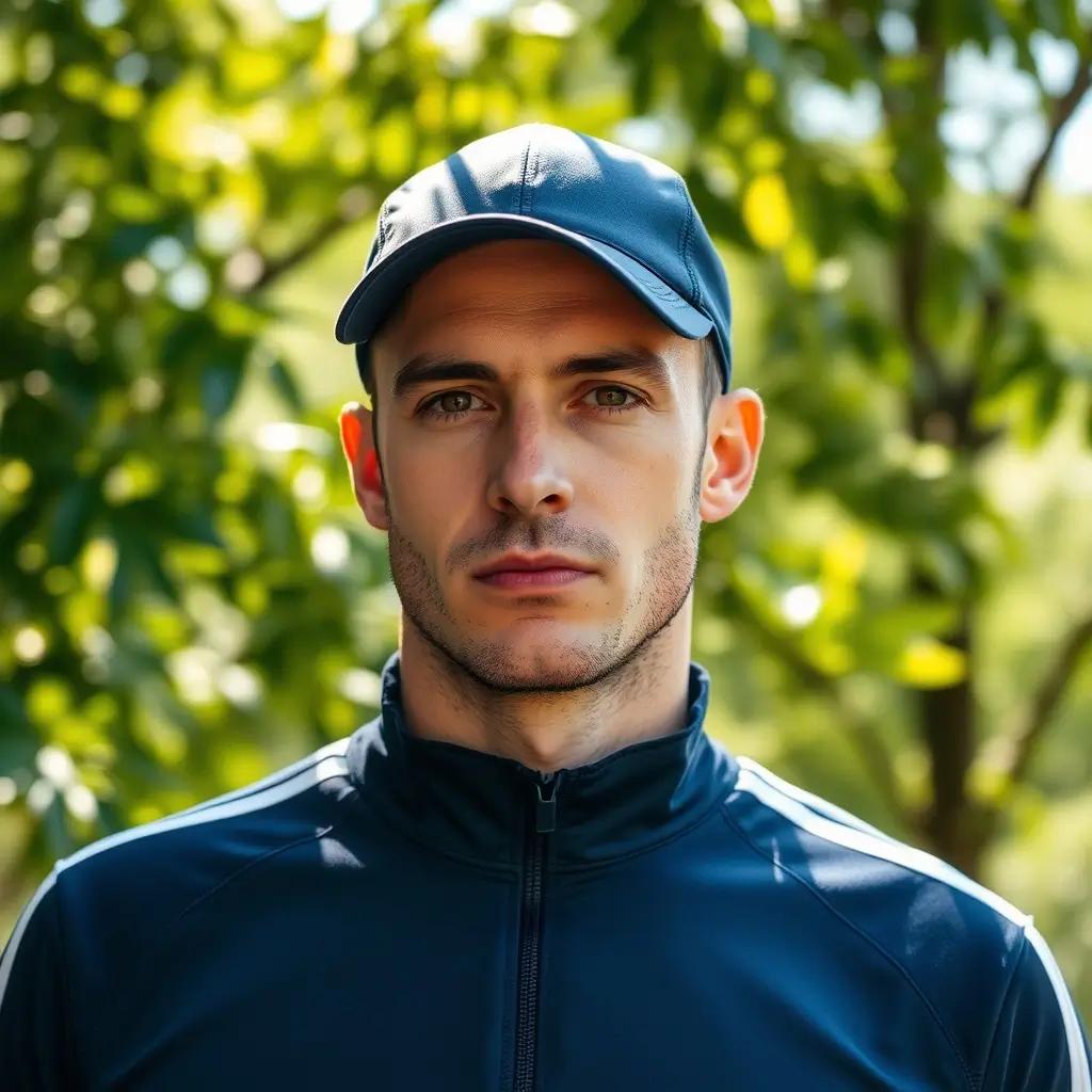 Carlos López con una gorra y una chaqueta azul en el parque.