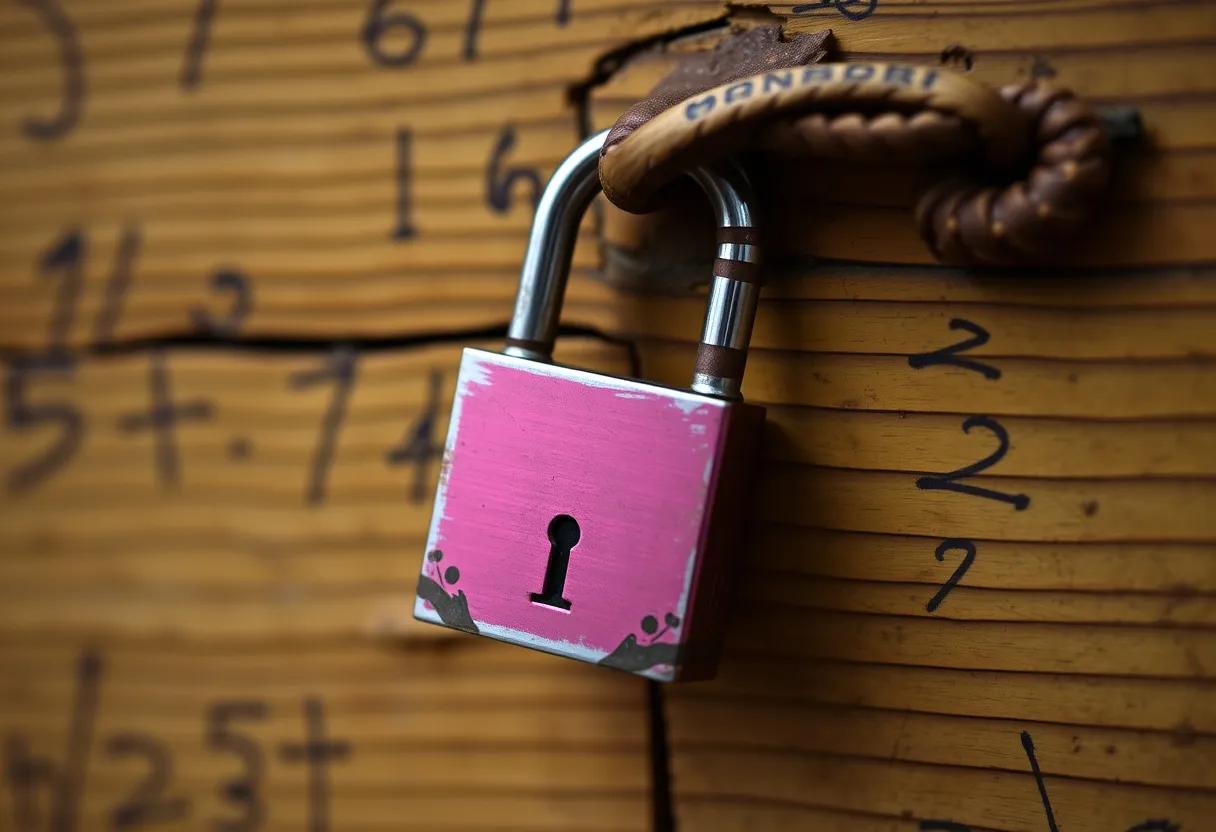 a pink padlock is sitting on a wooden wall .